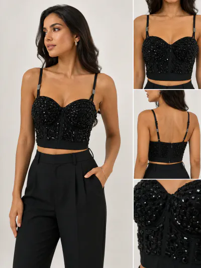 BLACK BEADED CROP TOP