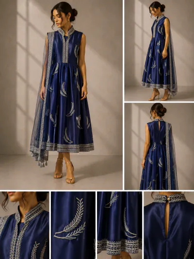 NAVY TRADITIONAL DRESS WITH SILVER AND GOLD DETAILS